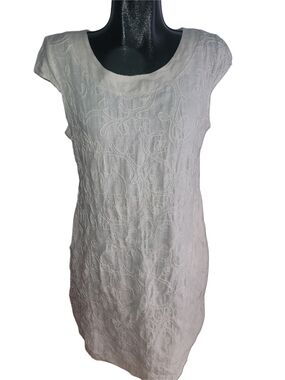 Lina Tomei 100% Linen Cream Embroidery Detailed Cap Sleeve Midi Shift Dress L
